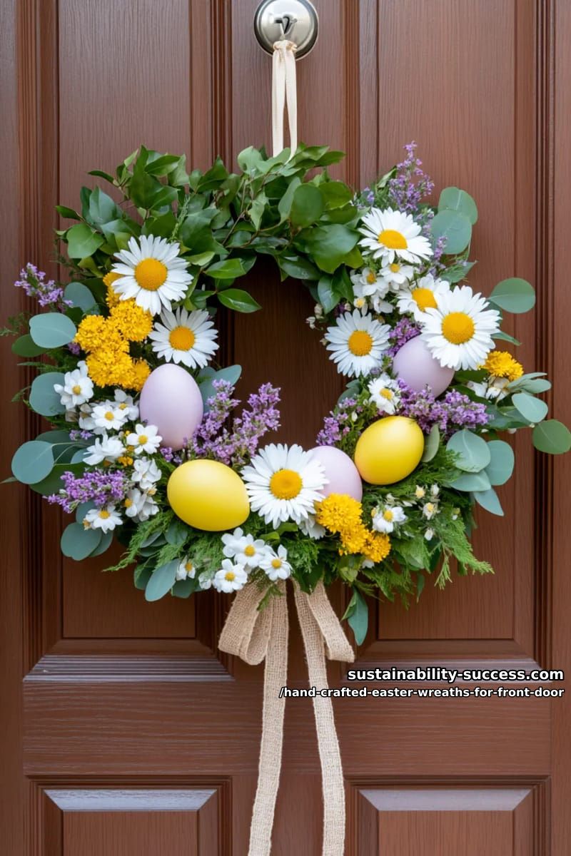 cheerful wreath of bright yellow billy balls, daisies, and painted eggs 1