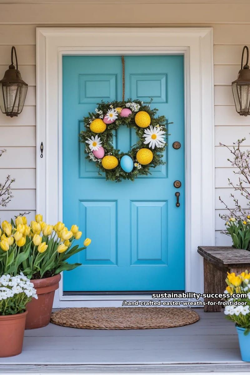 cheerful wreath of bright yellow billy balls, daisies, and painted eggs 1