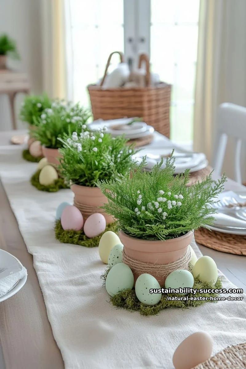 clay pots with mini fern arrangements and pastel wooden eggs 1