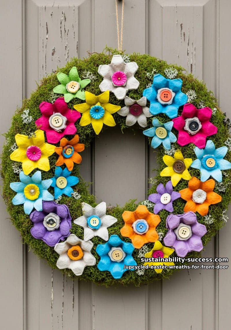 colorful upcycled egg carton flowers arranged on a mossy ring 1