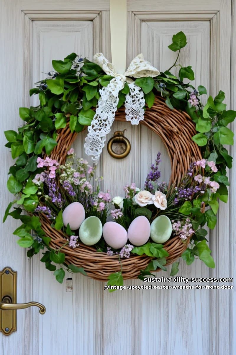 cottagecore wicker basket wreath with trailing ivy and velvet eggs 1