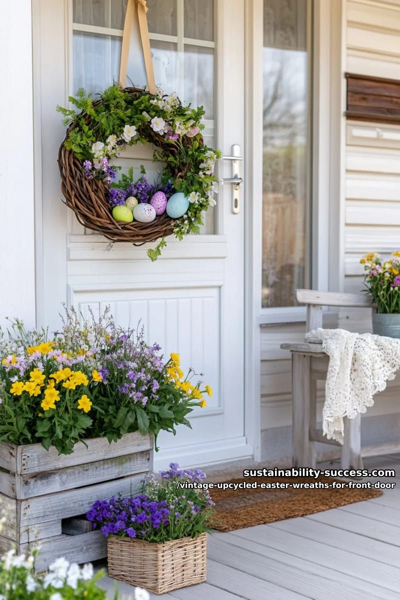 cottagecore wicker basket wreath with trailing ivy and velvet eggs 1