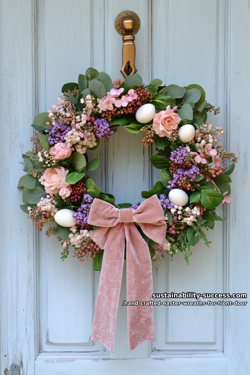 delicate pink and lilac wreath with velvet bow for vintage door style 1