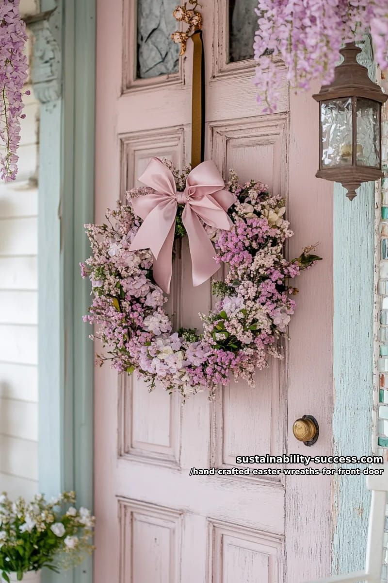 delicate pink and lilac wreath with velvet bow for vintage door style 1