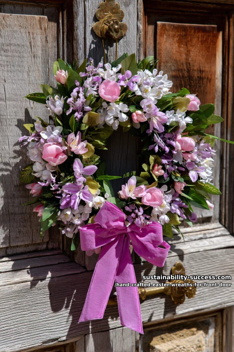 delicate pink and lilac wreath with velvet bow for vintage door style 1