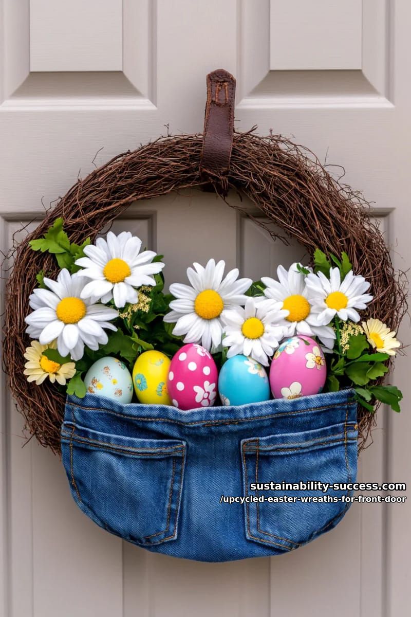 denim pocket wreath stuffed with faux daisies and hidden chocolate eggs 1