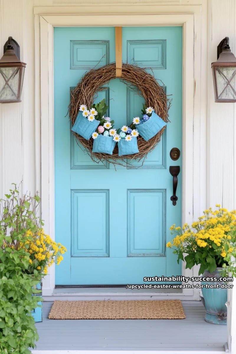 denim pocket wreath stuffed with faux daisies and hidden chocolate eggs 1