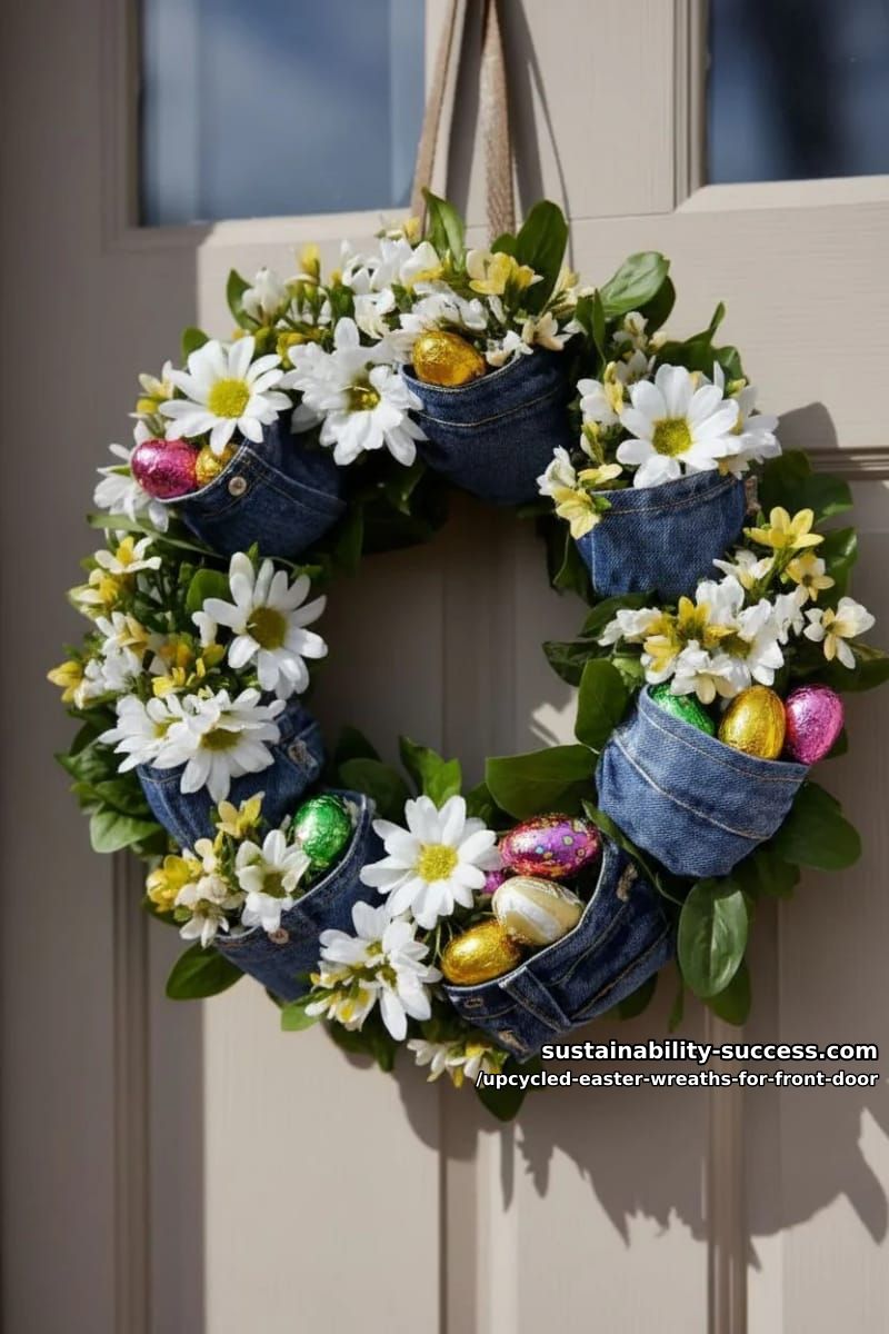 denim pocket wreath stuffed with faux daisies and hidden chocolate eggs 1