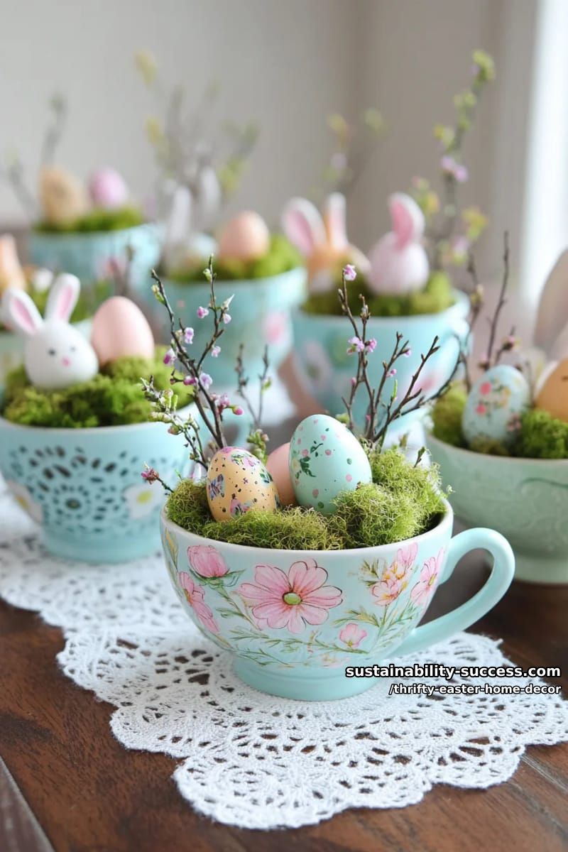 display a collection of mismatched teacups filled with moss and mini eggs 1