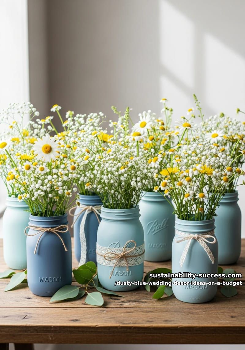 diy mason jar vases painted in light blue hues with wildflowers 1