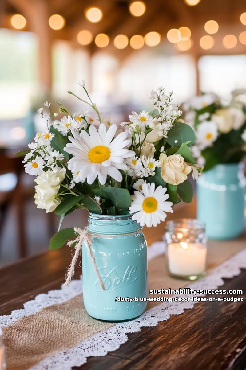 diy mason jar vases painted in light blue hues with wildflowers 1