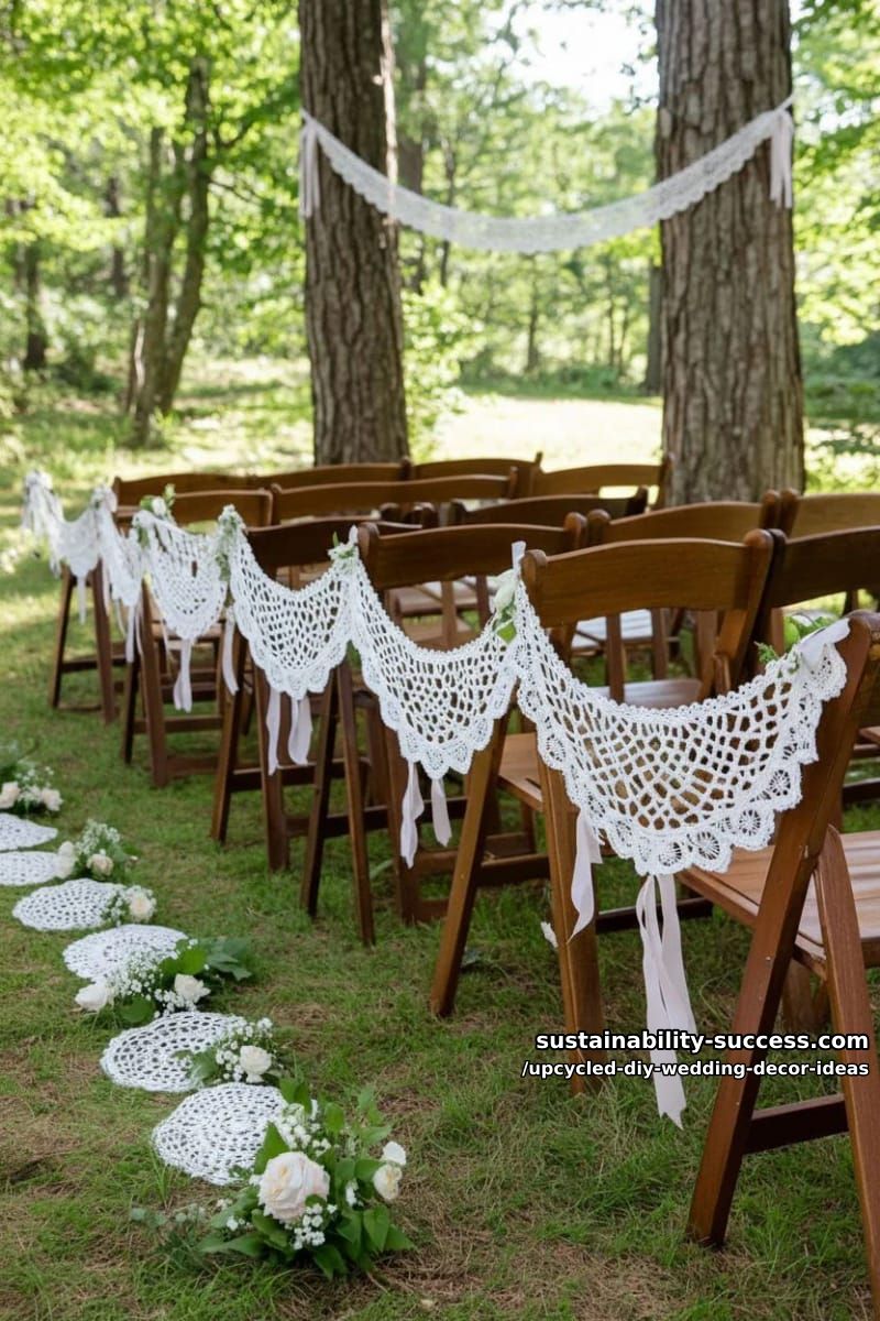 doily garlands strung between trees for whimsical outdoor aisle decor 1