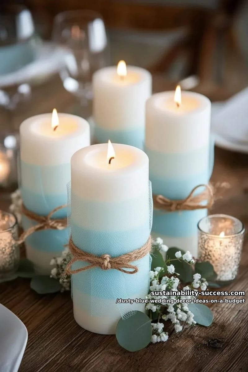 dollar store pillar candles paired with blue tulle and twine 1