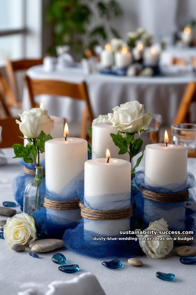 dollar store pillar candles paired with blue tulle and twine 1