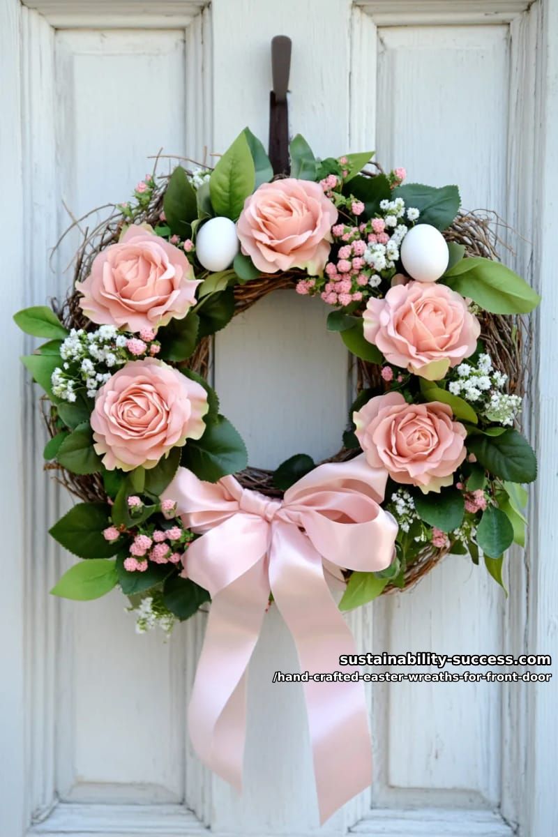 dreamy circular wreath of blush roses, sage leaves, and soft trailing ribbons 1