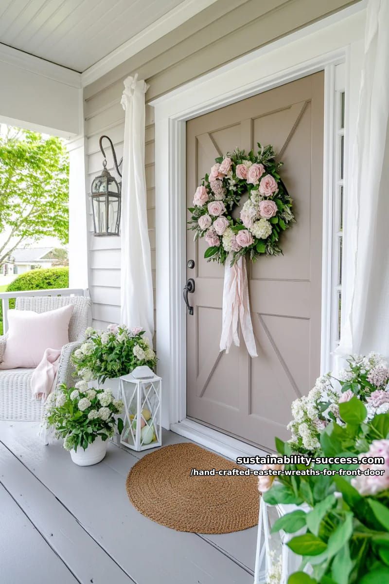 dreamy circular wreath of blush roses, sage leaves, and soft trailing ribbons 1