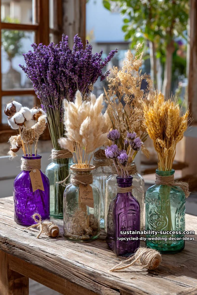 dried flower bouquets in upcycled bottles for eco-friendly table décor 1