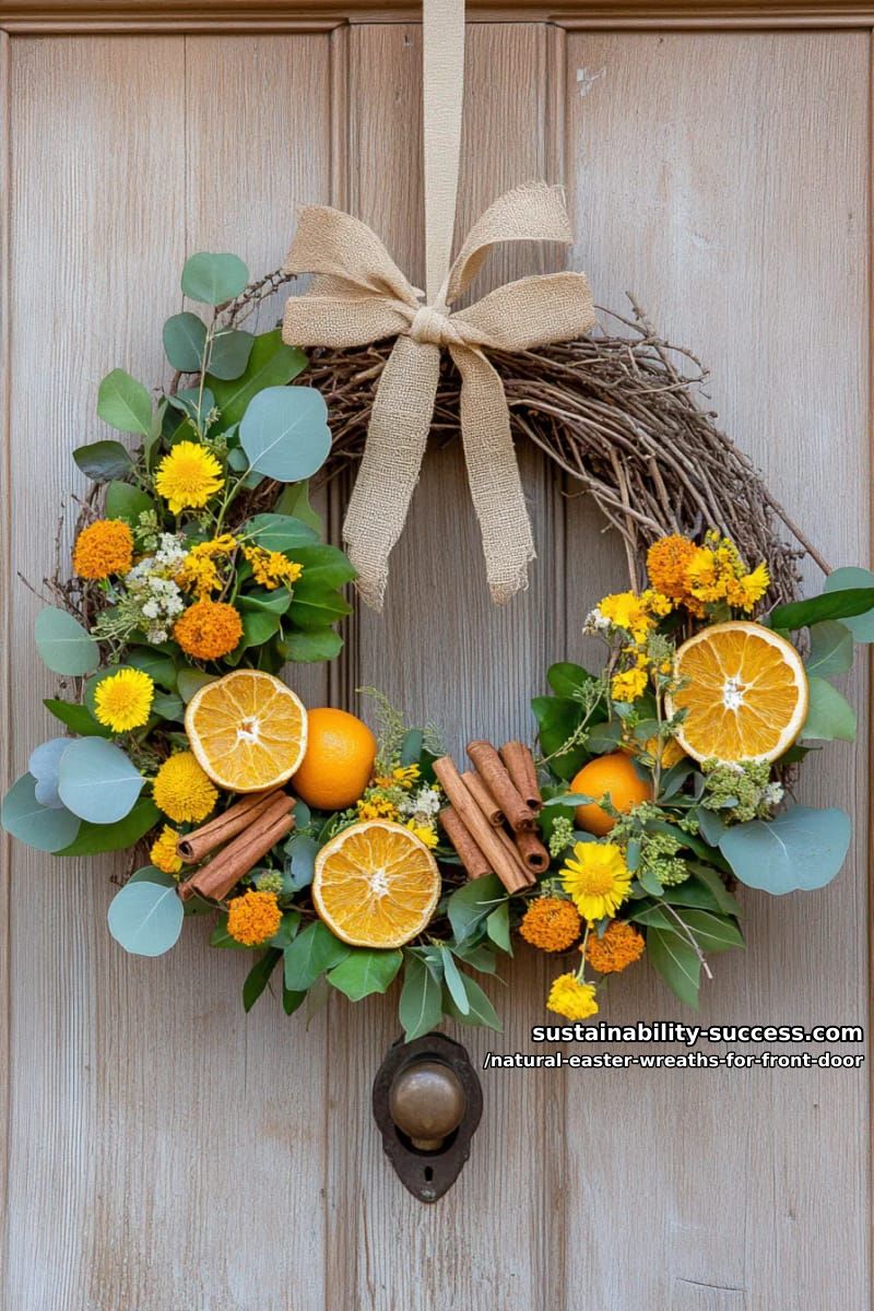 dried orange slices, cinnamon sticks, and yellow wildflowers on grapevine 1