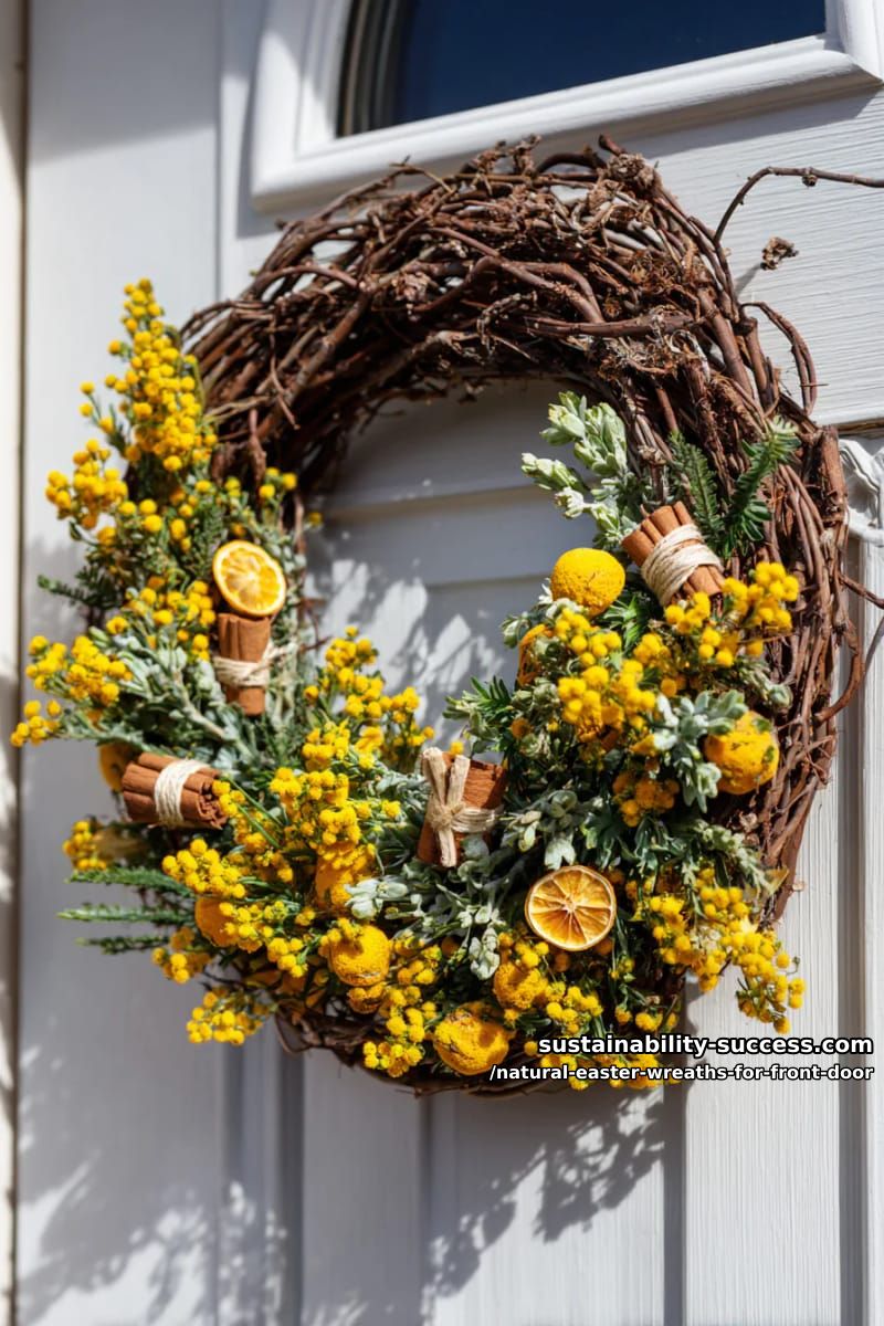 dried orange slices, cinnamon sticks, and yellow wildflowers on grapevine 1