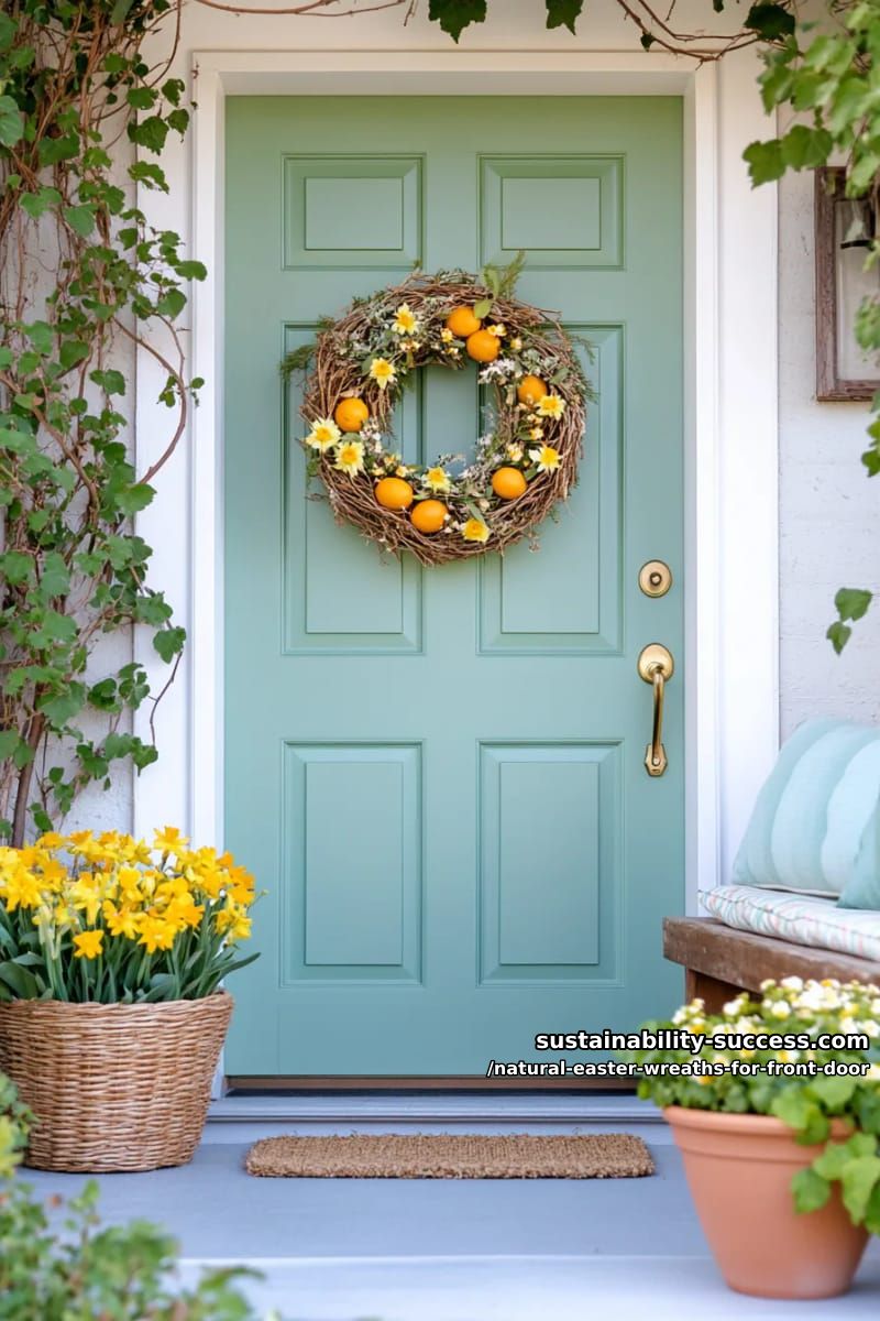 dried orange slices, cinnamon sticks, and yellow wildflowers on grapevine 1