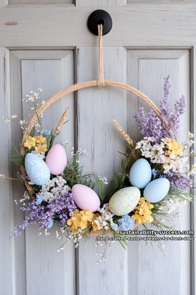 dried wildflower hoop wreath accented with speckled faux easter eggs 1