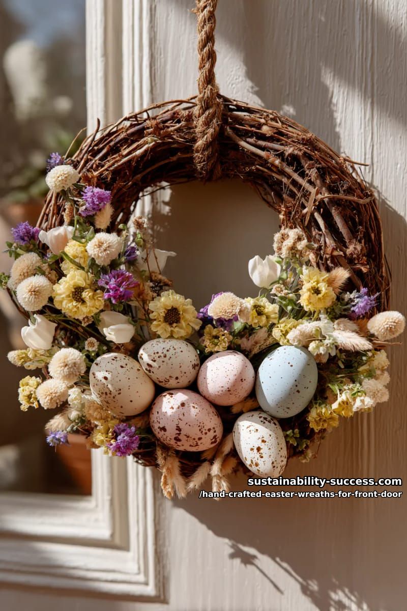 dried wildflower hoop wreath accented with speckled faux easter eggs 1