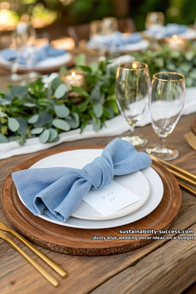 dusty blue napkins knotted on rustic wood charger plates 1
