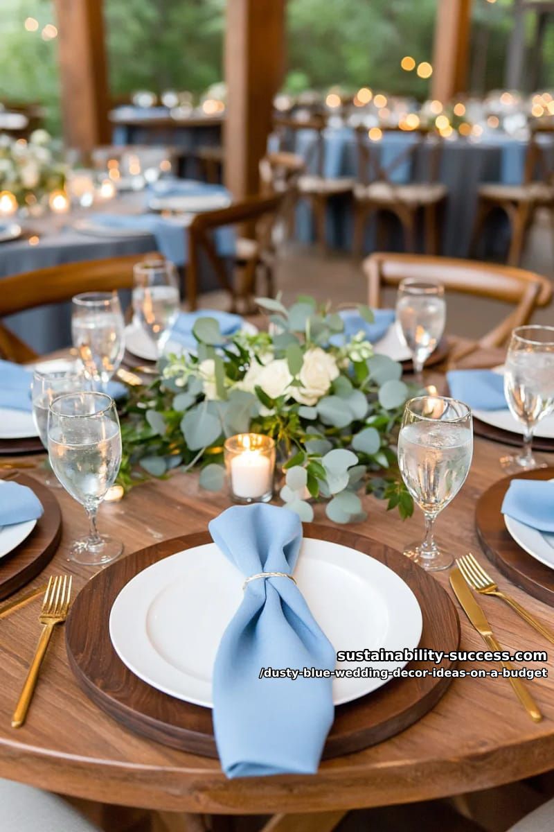 dusty blue napkins knotted on rustic wood charger plates 1