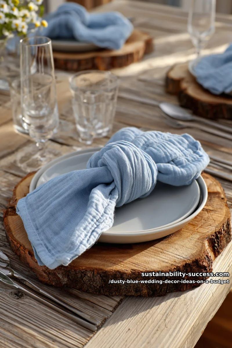 dusty blue napkins knotted on rustic wood charger plates 1