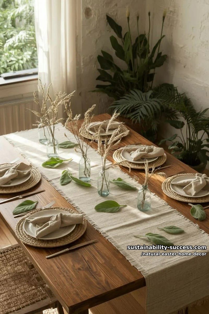 earthy table runner of linen, scattered lamb’s ear, and bud vases with branches 1