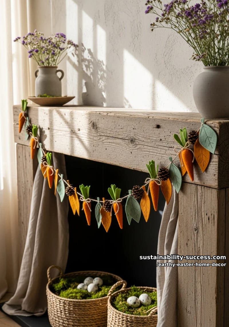 earthy-toned easter garland using felt leaves, mini carrots, and pinecones 1