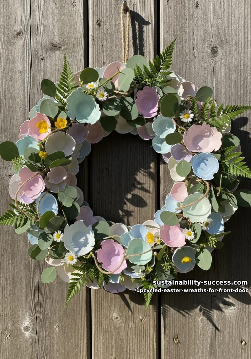 eggshell mosaic wreath with watercolored pastel shards and greenery 1