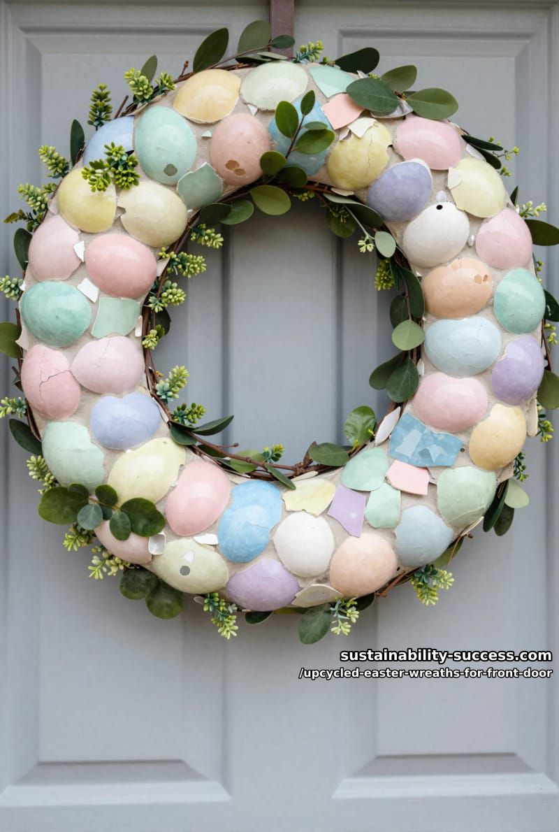 eggshell mosaic wreath with watercolored pastel shards and greenery 1