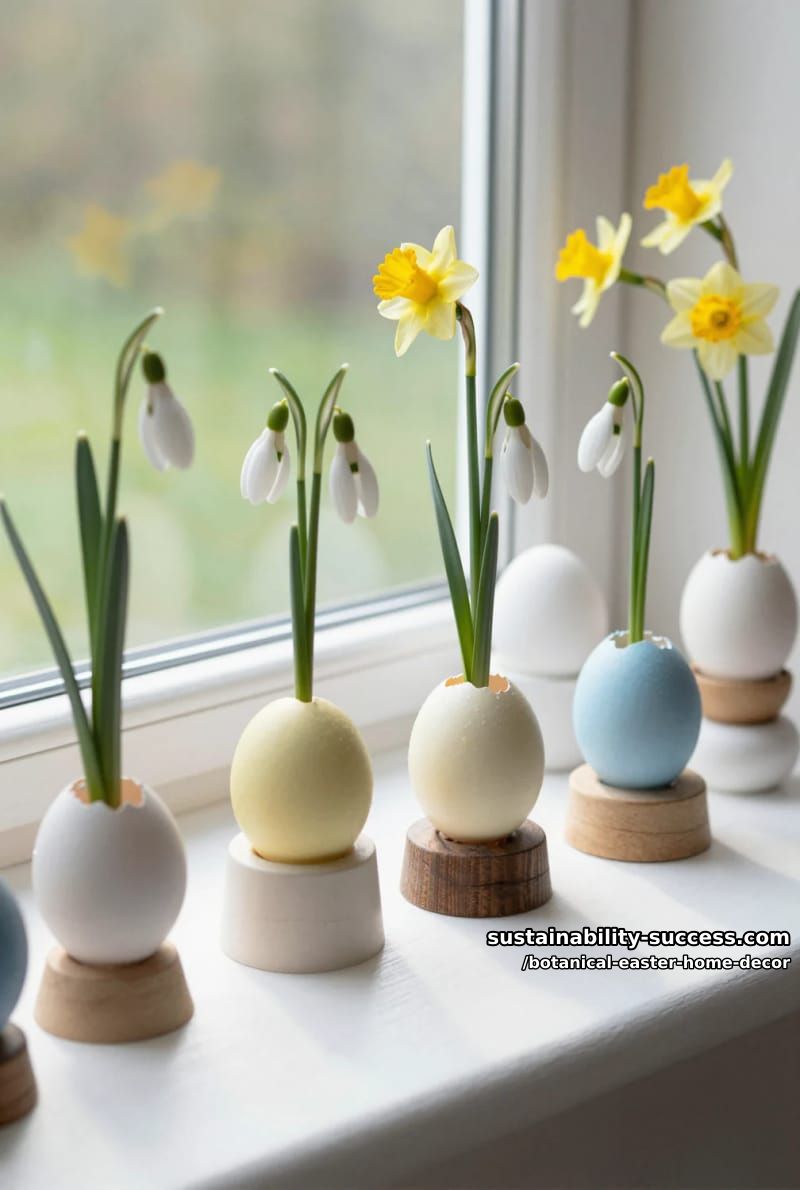 eggshell vases sprouting delicate snowdrops and mini daffodils on a windowsill 1