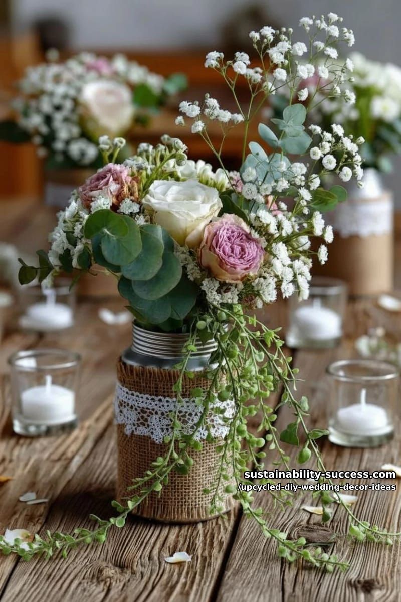 empty tin cans wrapped in burlap and lace for boho floral arrangements 1