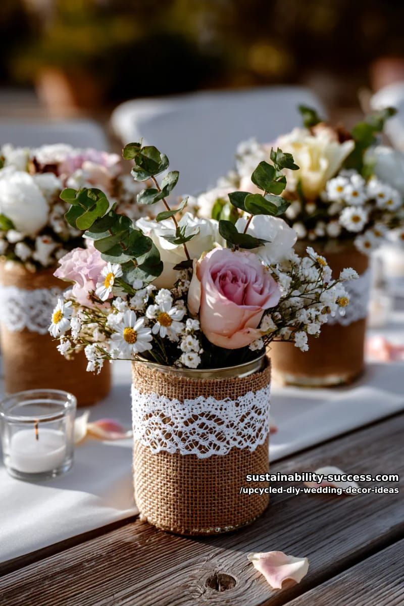 empty tin cans wrapped in burlap and lace for boho floral arrangements 1