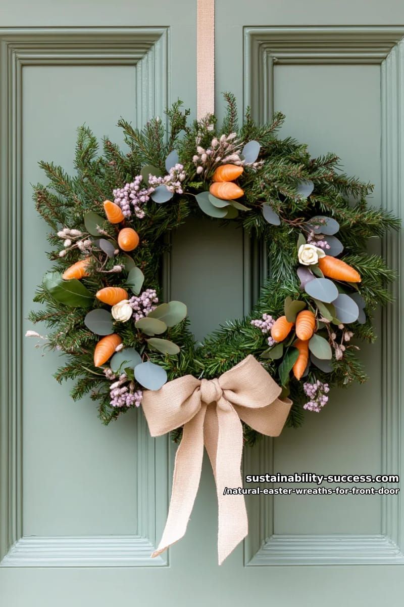 evergreen wreath with mini carrots, raffia bow, and muted floral accents 1