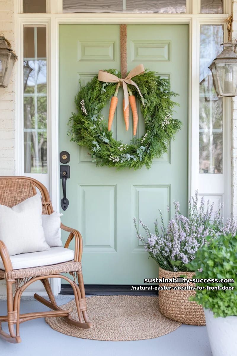 evergreen wreath with mini carrots, raffia bow, and muted floral accents 1