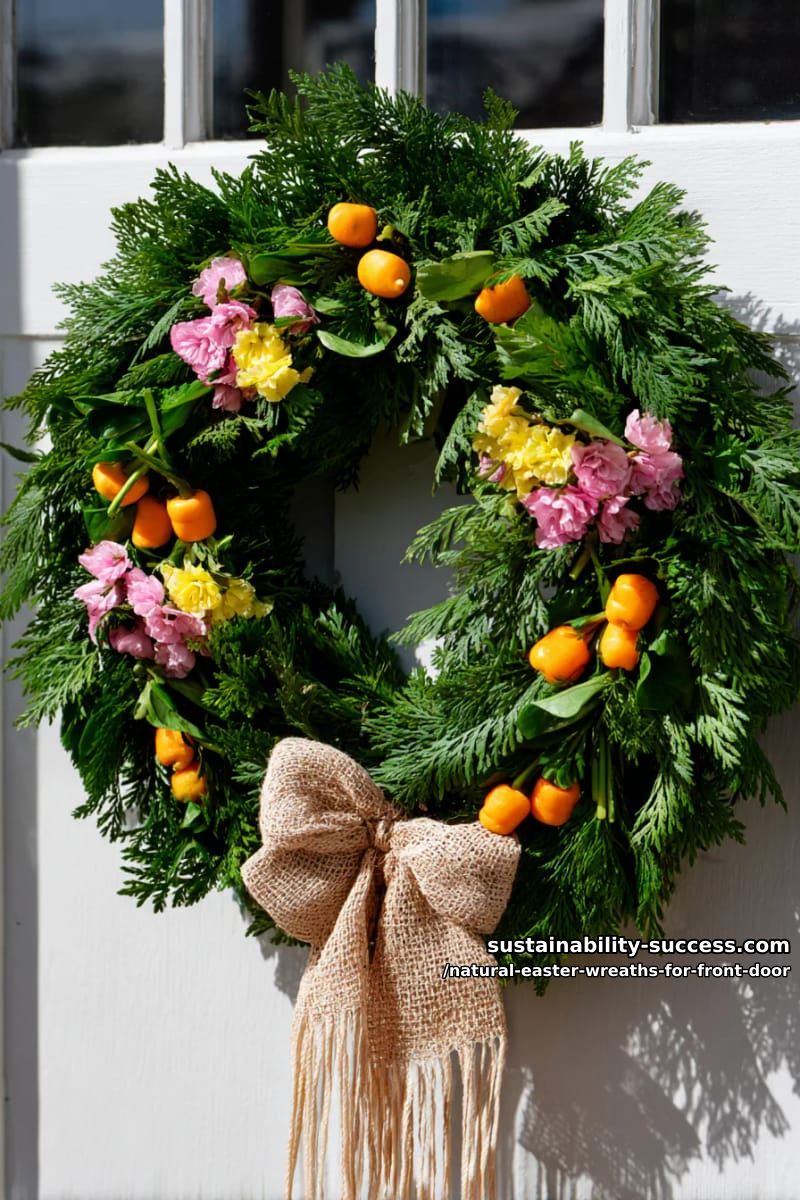 evergreen wreath with mini carrots, raffia bow, and muted floral accents 1