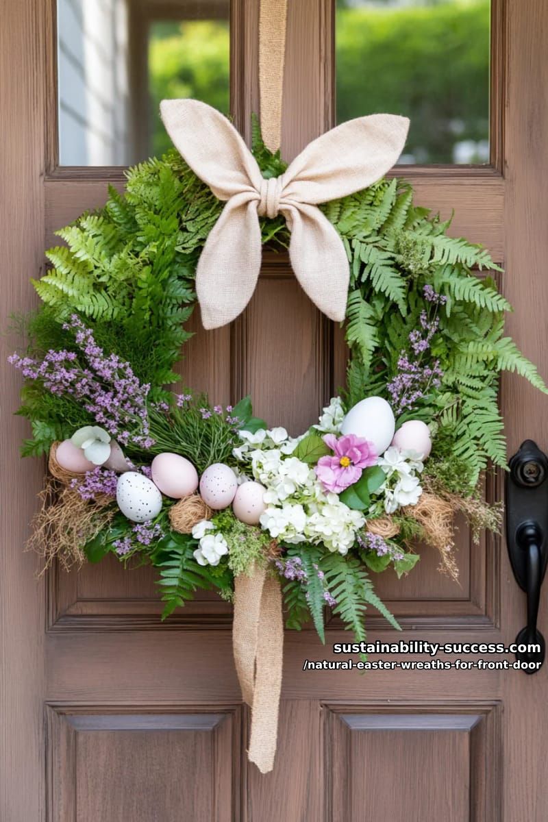 fern and ivy wreath with soft linen bunny ears and floral accents 1