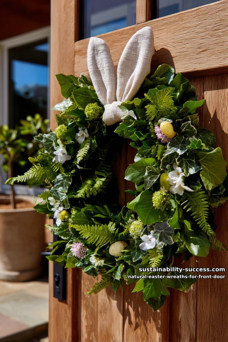 fern and ivy wreath with soft linen bunny ears and floral accents 1