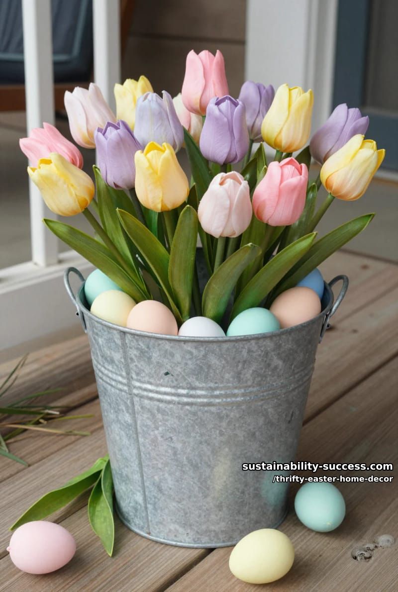 fill a galvanized bucket with faux tulips and pastel eggs for porch decor 1