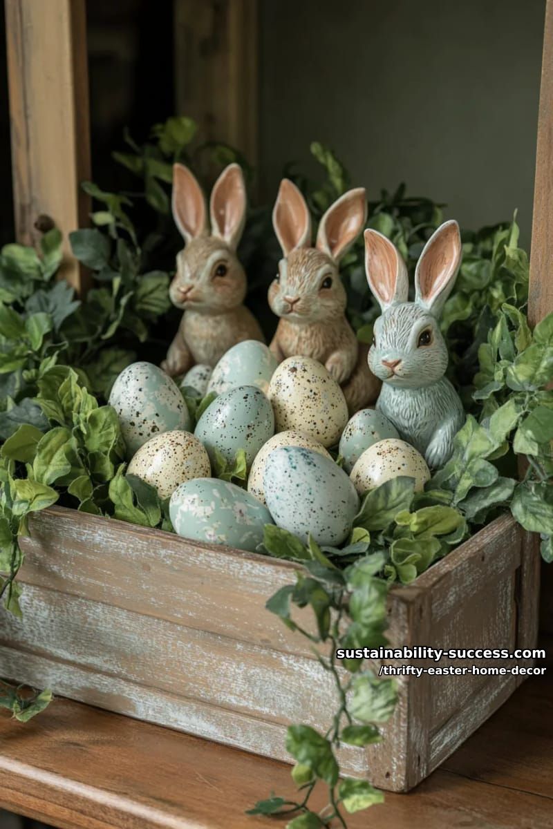 fill a rustic wooden crate with greenery, thrifted ceramic bunnies, and speckled eggs 1