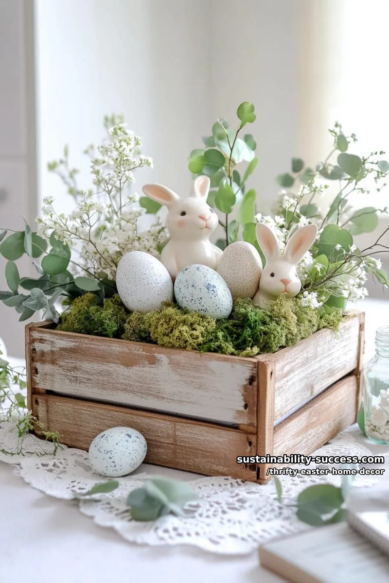 fill a rustic wooden crate with greenery, thrifted ceramic bunnies, and speckled eggs 9