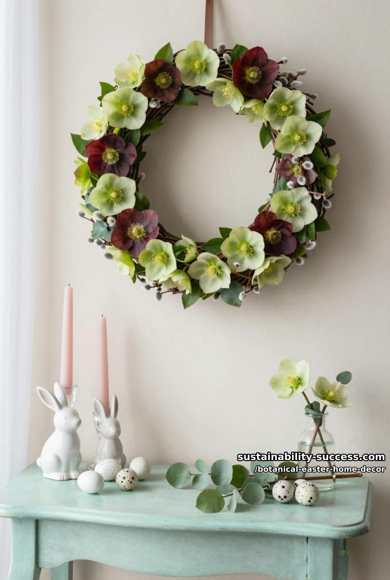 floral wreath of hellebores and pussy willow branches hung above a pastel vignette 1