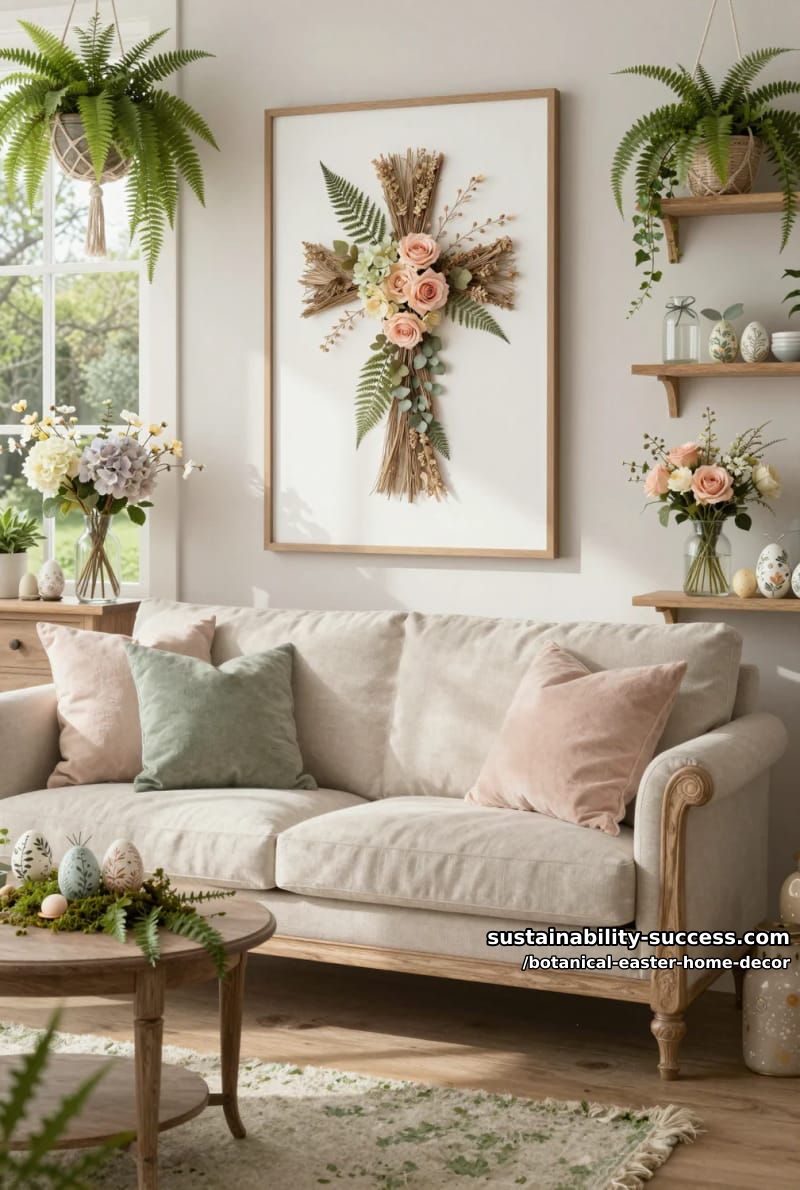 framed dried floral cross wall art combining ferns, hydrangeas, and blush roses 20