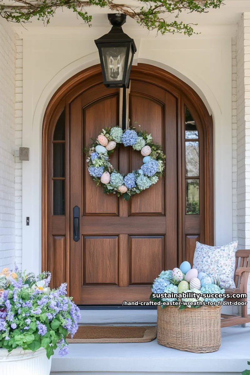 full floral wreath of dried hydrangeas and scattered faux robin’s eggs 1