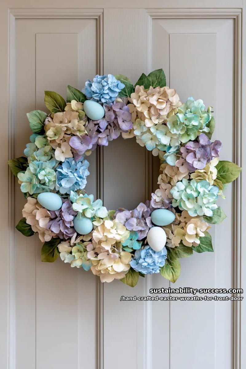 full floral wreath of dried hydrangeas and scattered faux robin’s eggs 1
