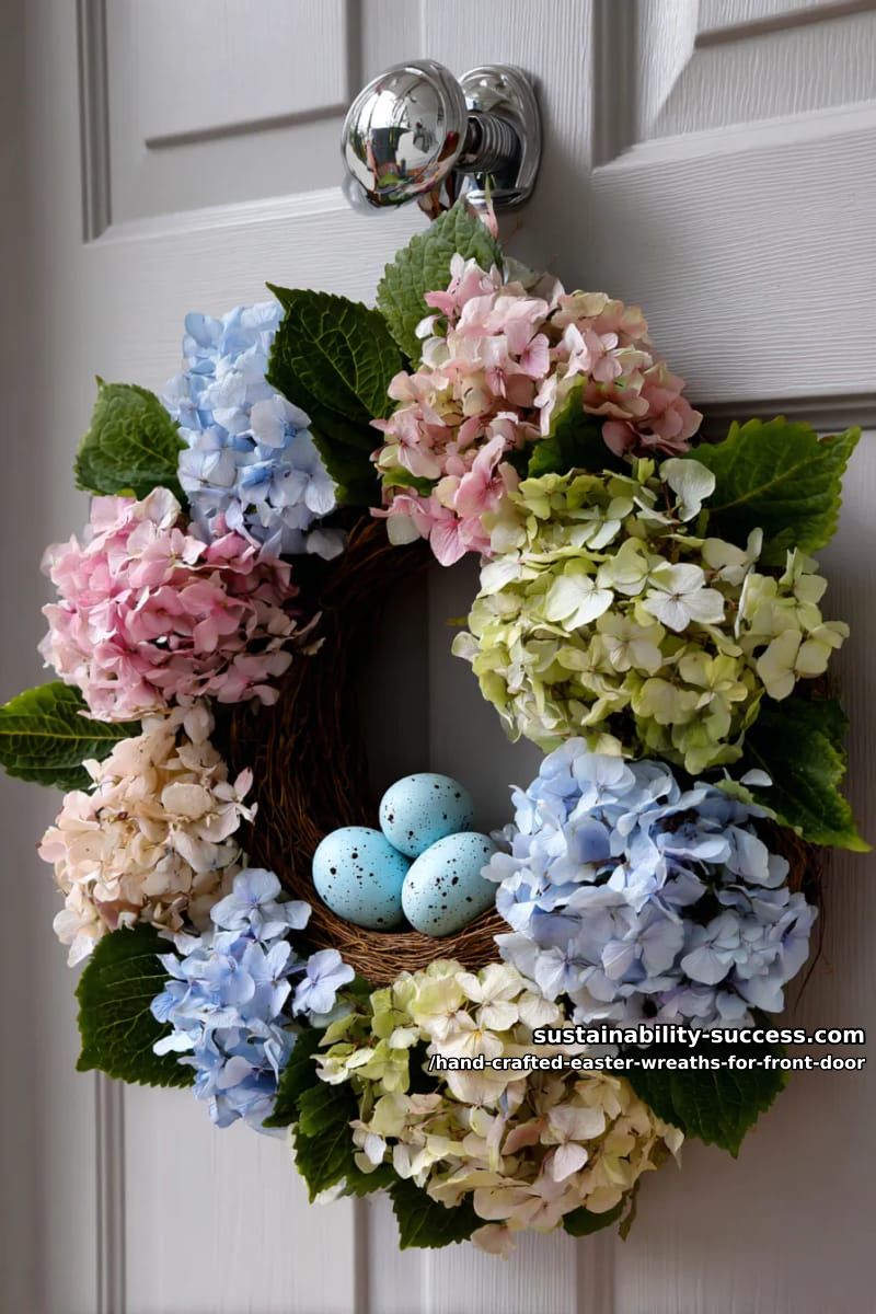 full floral wreath of dried hydrangeas and scattered faux robin’s eggs 1