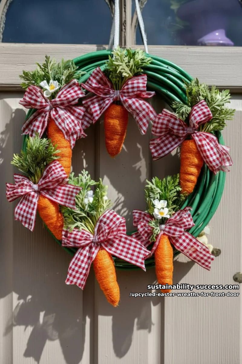 garden hose wreath tied with gingham bows and upcycled faux carrots 1